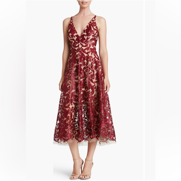 Dress the Population Dresses & Skirts - Dress the Population Blair Embellished Fit & Flare Cocktail Dress in Berry/Nude